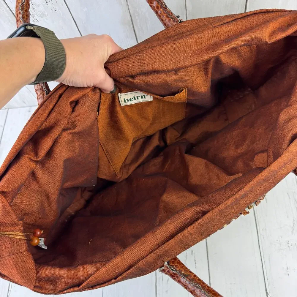 VTG Beirn Brown Cotton Raffia and Leather Trim Shoulder Tote Bag Hand Made
